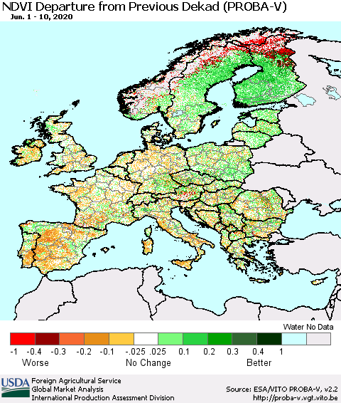 Europe NDVI Departure from Previous Dekad (PROBA-V) Thematic Map For 6/1/2020 - 6/10/2020