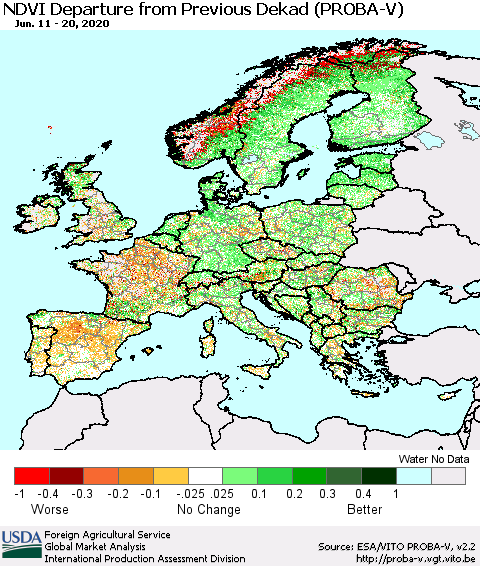 Europe NDVI Departure from Previous Dekad (PROBA-V) Thematic Map For 6/11/2020 - 6/20/2020