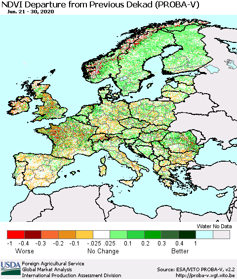 Europe NDVI Departure from Previous Dekad (PROBA-V) Thematic Map For 6/21/2020 - 6/30/2020