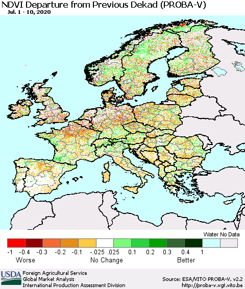 Europe NDVI Departure from Previous Dekad (PROBA-V) Thematic Map For 7/1/2020 - 7/10/2020