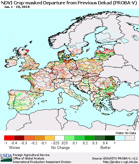 Europe NDVI Crop-masked Departure from Previous Dekad (PROBA-V) Thematic Map For 1/1/2018 - 1/10/2018