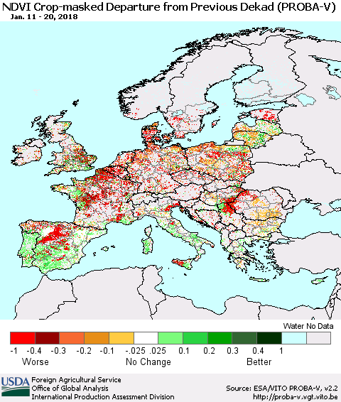 Europe NDVI Crop-masked Departure from Previous Dekad (PROBA-V) Thematic Map For 1/11/2018 - 1/20/2018