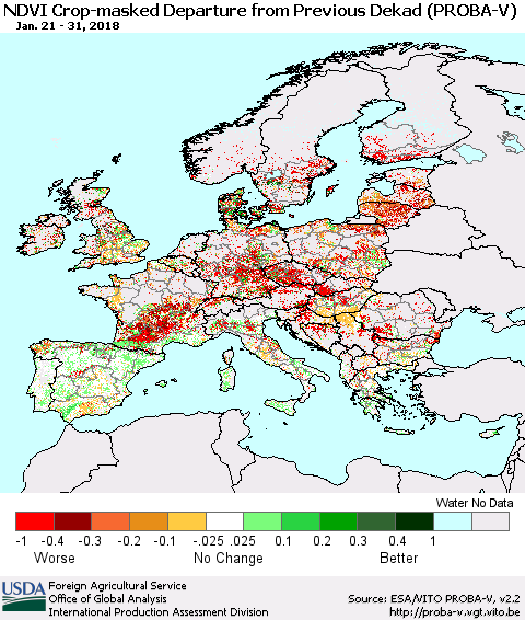 Europe NDVI Crop-masked Departure from Previous Dekad (PROBA-V) Thematic Map For 1/21/2018 - 1/31/2018
