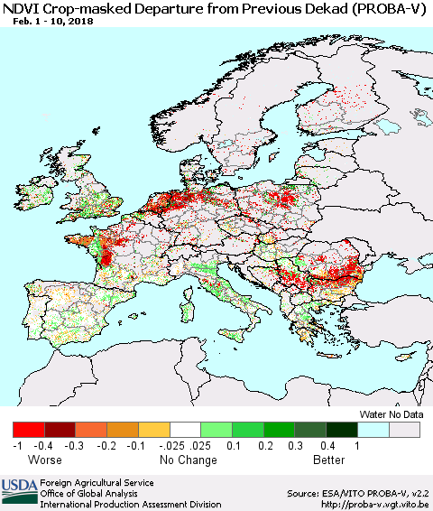 Europe NDVI Crop-masked Departure from Previous Dekad (PROBA-V) Thematic Map For 2/1/2018 - 2/10/2018