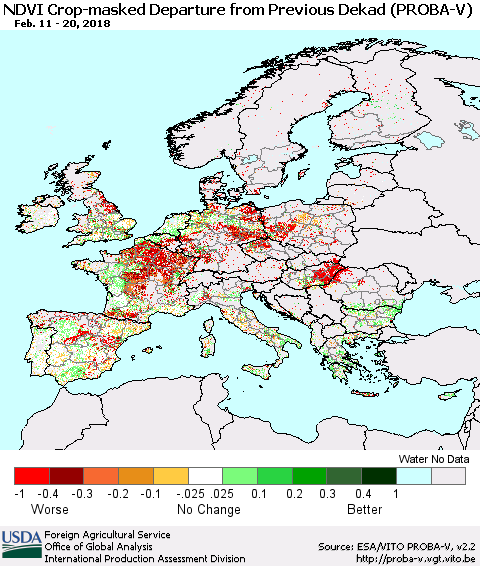 Europe NDVI Crop-masked Departure from Previous Dekad (PROBA-V) Thematic Map For 2/11/2018 - 2/20/2018