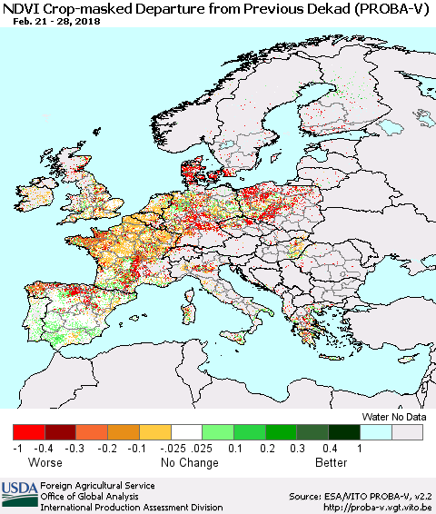 Europe NDVI Crop-masked Departure from Previous Dekad (PROBA-V) Thematic Map For 2/21/2018 - 2/28/2018