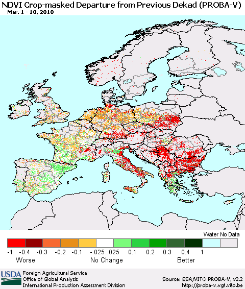 Europe NDVI Crop-masked Departure from Previous Dekad (PROBA-V) Thematic Map For 3/1/2018 - 3/10/2018