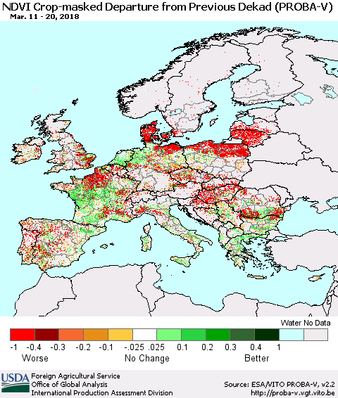 Europe NDVI Crop-masked Departure from Previous Dekad (PROBA-V) Thematic Map For 3/11/2018 - 3/20/2018