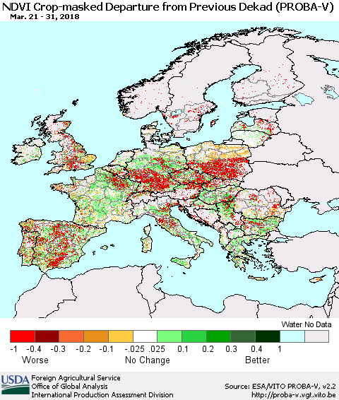 Europe NDVI Crop-masked Departure from Previous Dekad (PROBA-V) Thematic Map For 3/21/2018 - 3/31/2018