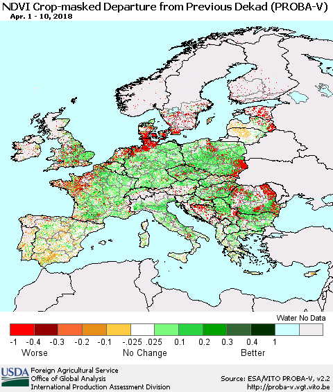 Europe NDVI Crop-masked Departure from Previous Dekad (PROBA-V) Thematic Map For 4/1/2018 - 4/10/2018