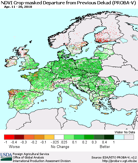 Europe NDVI Crop-masked Departure from Previous Dekad (PROBA-V) Thematic Map For 4/11/2018 - 4/20/2018