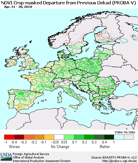 Europe NDVI Crop-masked Departure from Previous Dekad (PROBA-V) Thematic Map For 4/21/2018 - 4/30/2018