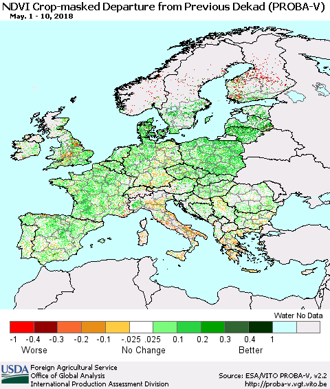 Europe NDVI Crop-masked Departure from Previous Dekad (PROBA-V) Thematic Map For 5/1/2018 - 5/10/2018