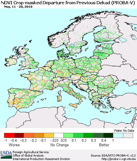 Europe NDVI Crop-masked Departure from Previous Dekad (PROBA-V) Thematic Map For 5/11/2018 - 5/20/2018