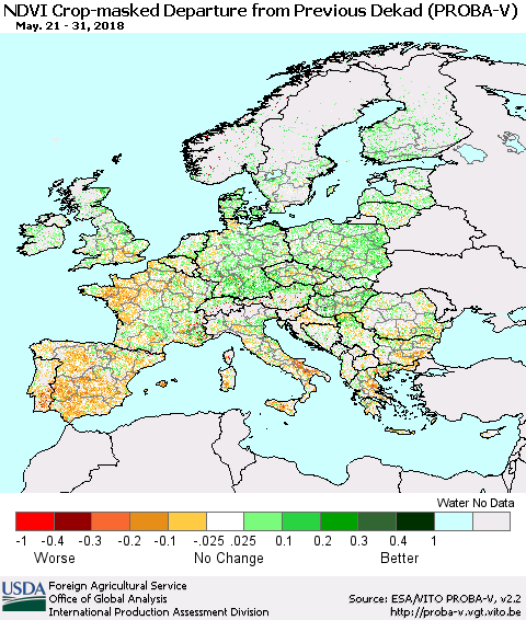Europe NDVI Crop-masked Departure from Previous Dekad (PROBA-V) Thematic Map For 5/21/2018 - 5/31/2018