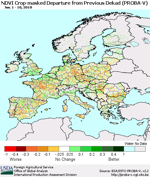 Europe NDVI Crop-masked Departure from Previous Dekad (PROBA-V) Thematic Map For 6/1/2018 - 6/10/2018