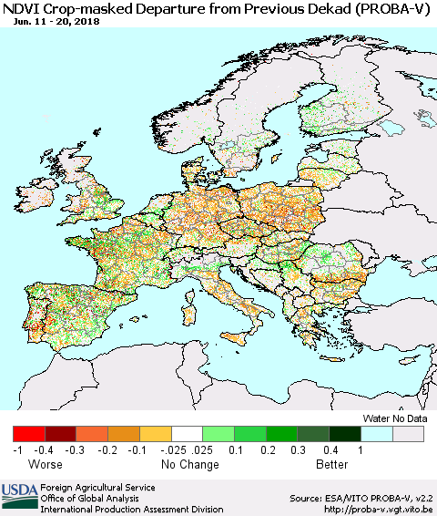 Europe NDVI Crop-masked Departure from Previous Dekad (PROBA-V) Thematic Map For 6/11/2018 - 6/20/2018