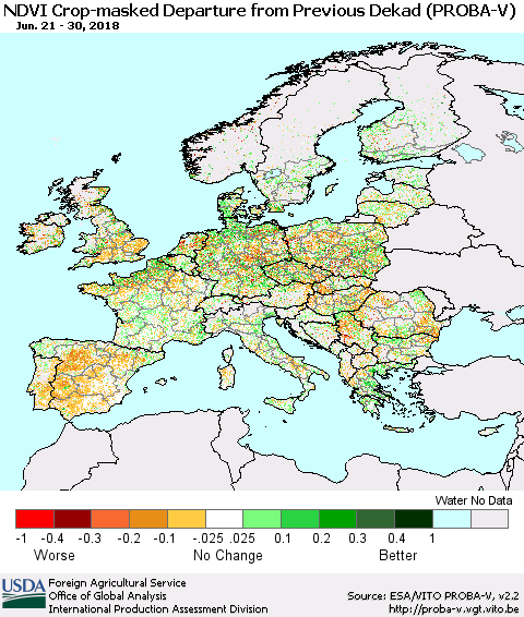 Europe NDVI Crop-masked Departure from Previous Dekad (PROBA-V) Thematic Map For 6/21/2018 - 6/30/2018
