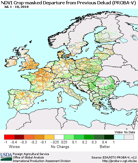 Europe NDVI Crop-masked Departure from Previous Dekad (PROBA-V) Thematic Map For 7/1/2018 - 7/10/2018