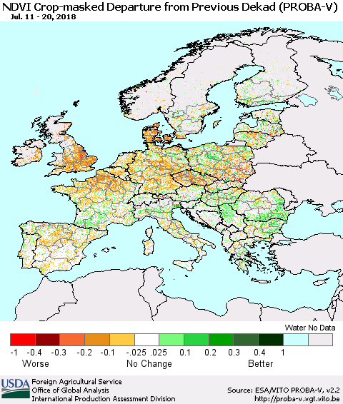 Europe NDVI Crop-masked Departure from Previous Dekad (PROBA-V) Thematic Map For 7/11/2018 - 7/20/2018