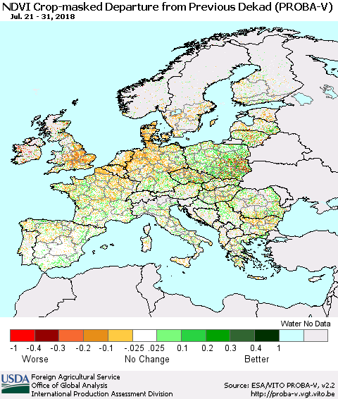 Europe NDVI Crop-masked Departure from Previous Dekad (PROBA-V) Thematic Map For 7/21/2018 - 7/31/2018