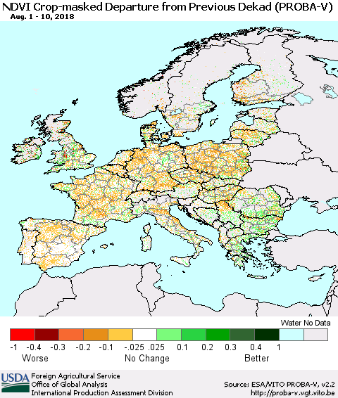 Europe NDVI Crop-masked Departure from Previous Dekad (PROBA-V) Thematic Map For 8/1/2018 - 8/10/2018
