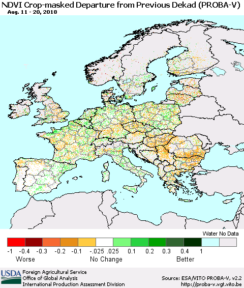 Europe NDVI Crop-masked Departure from Previous Dekad (PROBA-V) Thematic Map For 8/11/2018 - 8/20/2018