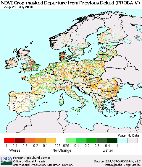 Europe NDVI Crop-masked Departure from Previous Dekad (PROBA-V) Thematic Map For 8/21/2018 - 8/31/2018