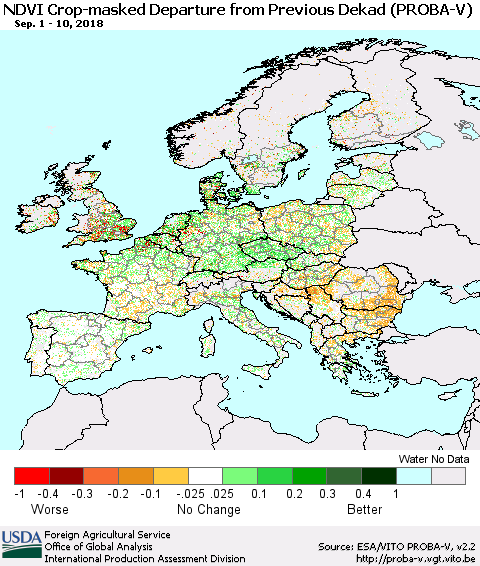 Europe NDVI Crop-masked Departure from Previous Dekad (PROBA-V) Thematic Map For 9/1/2018 - 9/10/2018