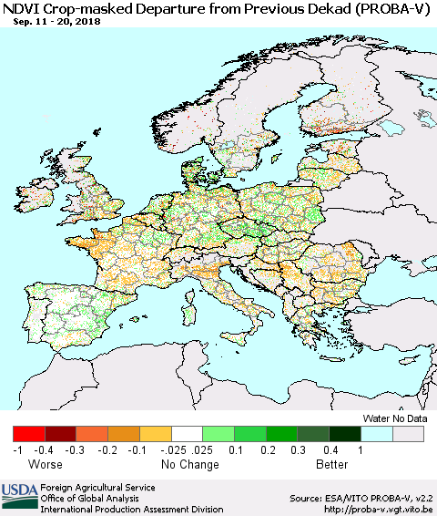 Europe NDVI Crop-masked Departure from Previous Dekad (PROBA-V) Thematic Map For 9/11/2018 - 9/20/2018