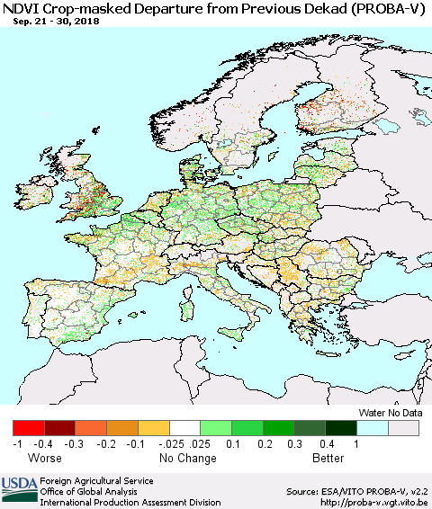 Europe NDVI Crop-masked Departure from Previous Dekad (PROBA-V) Thematic Map For 9/21/2018 - 9/30/2018