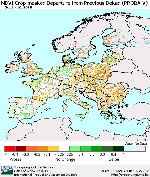 Europe NDVI Crop-masked Departure from Previous Dekad (PROBA-V) Thematic Map For 10/1/2018 - 10/10/2018