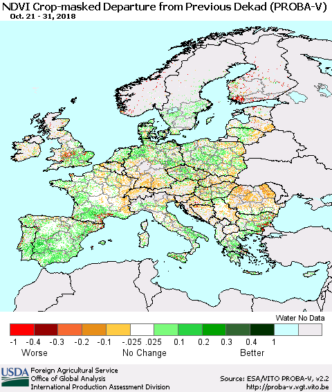 Europe NDVI Crop-masked Departure from Previous Dekad (PROBA-V) Thematic Map For 10/21/2018 - 10/31/2018