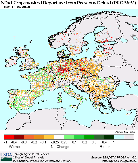 Europe NDVI Crop-masked Departure from Previous Dekad (PROBA-V) Thematic Map For 11/1/2018 - 11/10/2018