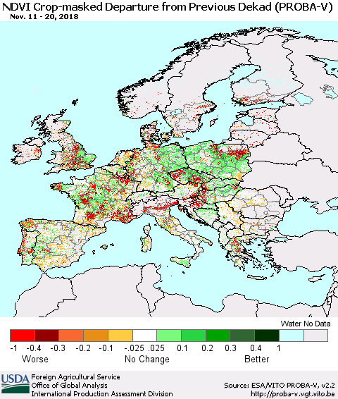 Europe NDVI Crop-masked Departure from Previous Dekad (PROBA-V) Thematic Map For 11/11/2018 - 11/20/2018