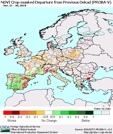 Europe NDVI Crop-masked Departure from Previous Dekad (PROBA-V) Thematic Map For 11/21/2018 - 11/30/2018
