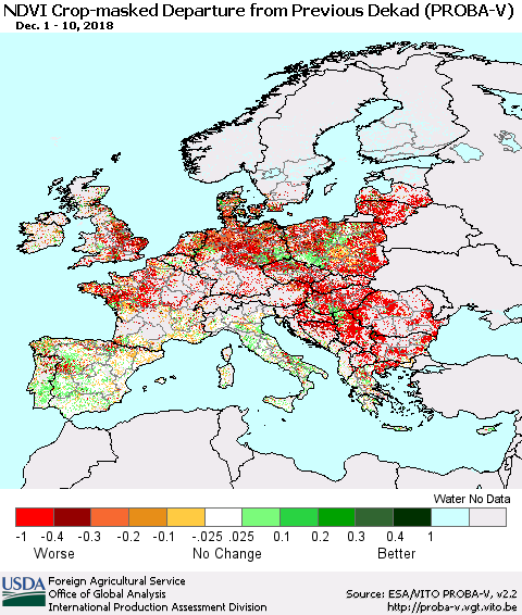 Europe NDVI Crop-masked Departure from Previous Dekad (PROBA-V) Thematic Map For 12/1/2018 - 12/10/2018