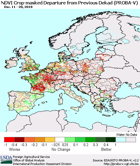 Europe NDVI Crop-masked Departure from Previous Dekad (PROBA-V) Thematic Map For 12/11/2018 - 12/20/2018