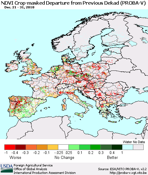 Europe NDVI Crop-masked Departure from Previous Dekad (PROBA-V) Thematic Map For 12/21/2018 - 12/31/2018