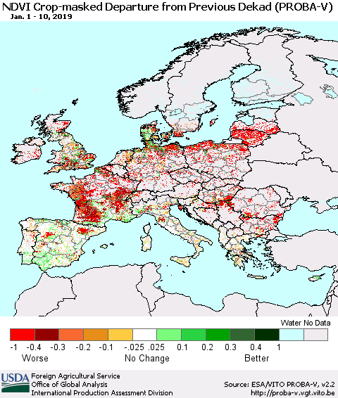 Europe NDVI Crop-masked Departure from Previous Dekad (PROBA-V) Thematic Map For 1/1/2019 - 1/10/2019