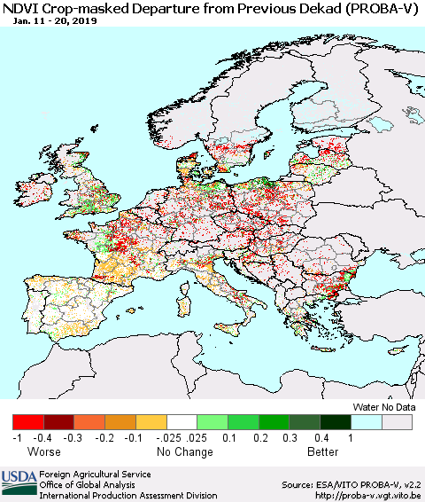 Europe NDVI Crop-masked Departure from Previous Dekad (PROBA-V) Thematic Map For 1/11/2019 - 1/20/2019