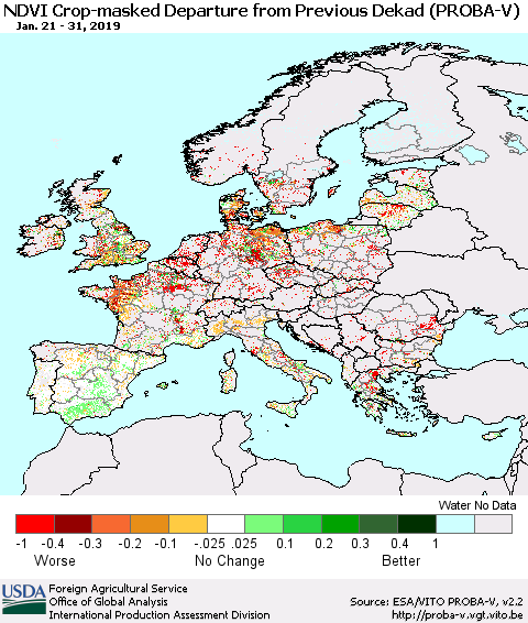 Europe NDVI Crop-masked Departure from Previous Dekad (PROBA-V) Thematic Map For 1/21/2019 - 1/31/2019