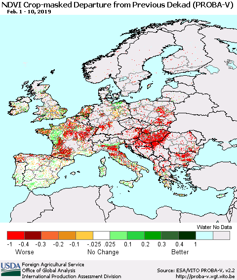 Europe NDVI Crop-masked Departure from Previous Dekad (PROBA-V) Thematic Map For 2/1/2019 - 2/10/2019