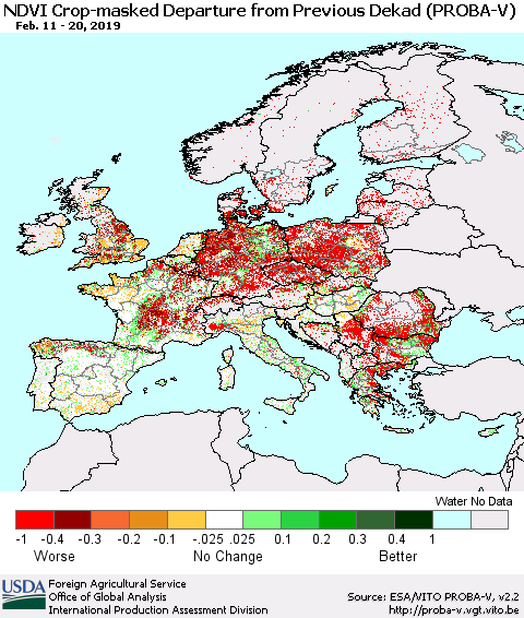 Europe NDVI Crop-masked Departure from Previous Dekad (PROBA-V) Thematic Map For 2/11/2019 - 2/20/2019