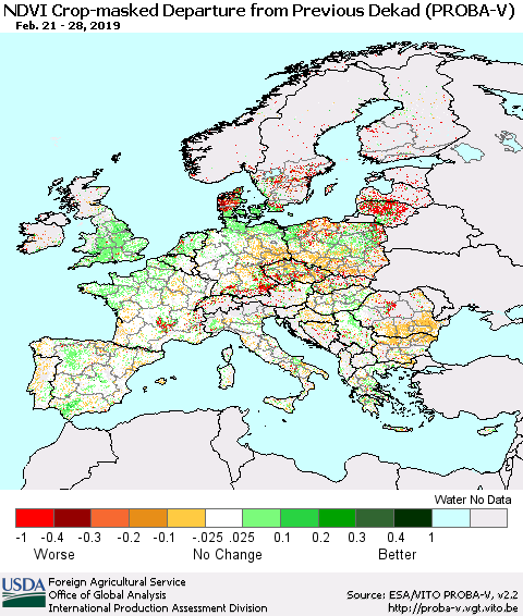 Europe NDVI Crop-masked Departure from Previous Dekad (PROBA-V) Thematic Map For 2/21/2019 - 2/28/2019