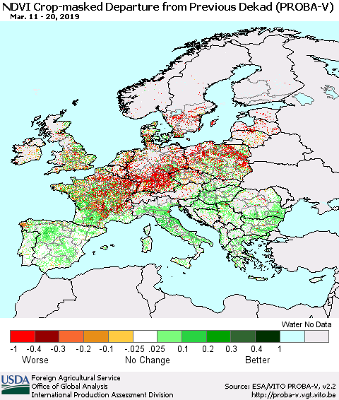 Europe NDVI Crop-masked Departure from Previous Dekad (PROBA-V) Thematic Map For 3/11/2019 - 3/20/2019