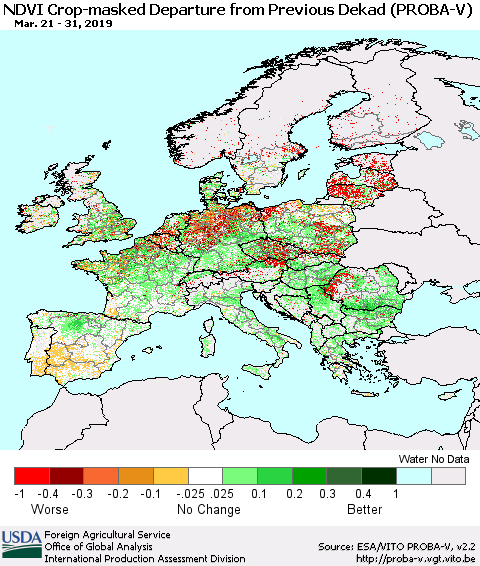Europe NDVI Crop-masked Departure from Previous Dekad (PROBA-V) Thematic Map For 3/21/2019 - 3/31/2019