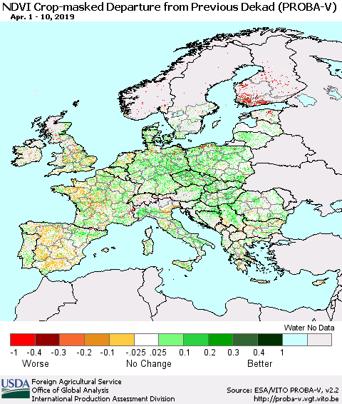 Europe NDVI Crop-masked Departure from Previous Dekad (PROBA-V) Thematic Map For 4/1/2019 - 4/10/2019