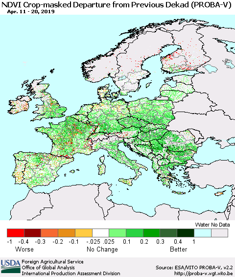 Europe NDVI Crop-masked Departure from Previous Dekad (PROBA-V) Thematic Map For 4/11/2019 - 4/20/2019