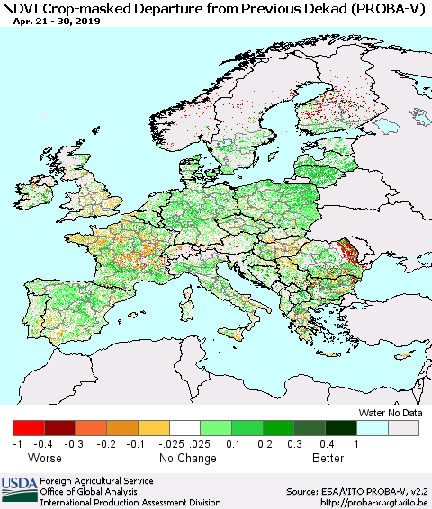 Europe NDVI Crop-masked Departure from Previous Dekad (PROBA-V) Thematic Map For 4/21/2019 - 4/30/2019